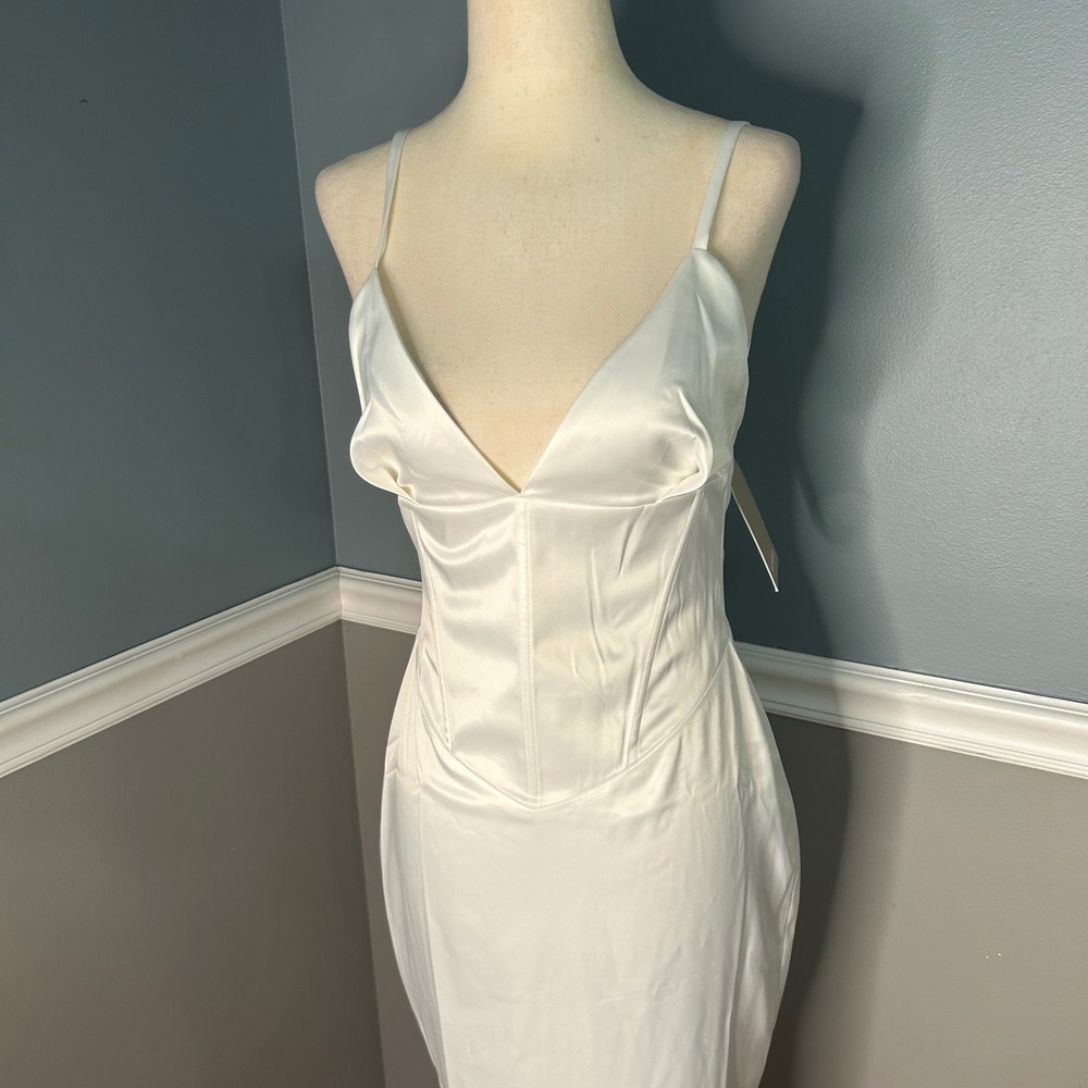 Meshki Ivory Satin Corset Midi Dress White Low Back fairy Small NEW - Picture 3 of 12